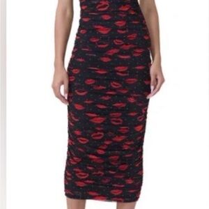 AFRM Black ruched mesh Pencil dress with Red Lip Print